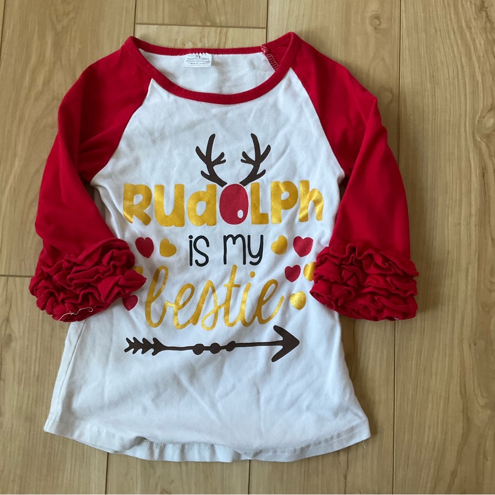 3/$20 sale Rudolph is my Bestie, girls, 3/4 length sleeve w/ ruffles
